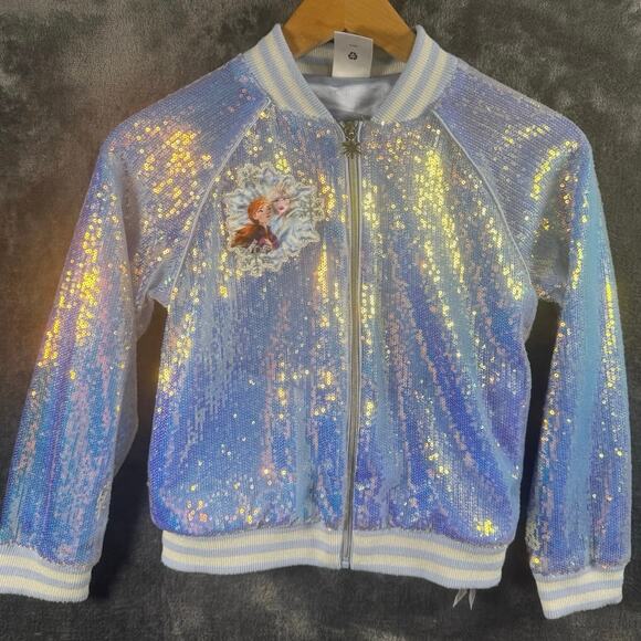 Disney Store Frozen Elsa Sequined Varsity Jacket Big Girls Size 7/8 - Picture 1 of 12